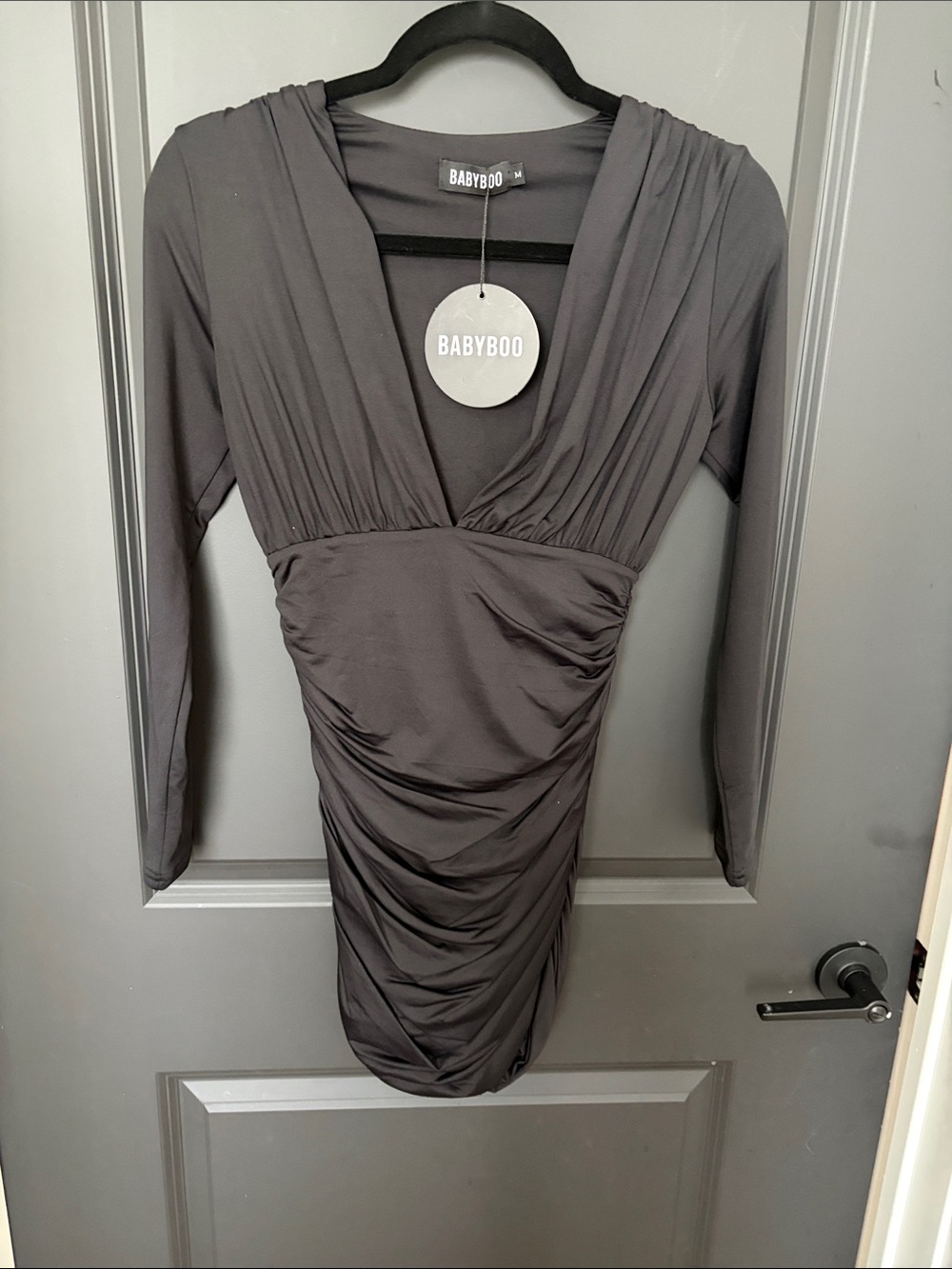 BABYBOO Charcoal Gray Ruched V-Neck Long Sleeve Dress